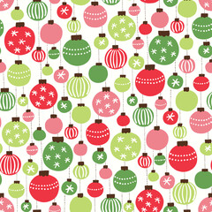 Colorful Green and Red Christmas Hanging Baubles Hand Drawn Vector Seamless Pattern. Winter Holiday, New Year Party Print. Modern Festive Illustration Background