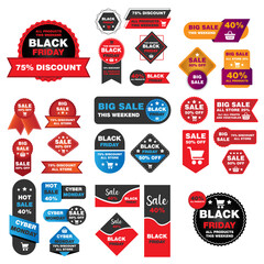 Set of labels and badges promotion friday and cyber monday offer and marketing banner vector