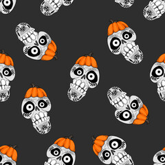 seamless pattern with skulls in pumpkins on a black background for Halloween, creating textures