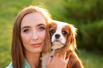 Closeup Portrait Breeder and Dog Pet. Puppy Cavalier King Charles Spaniel Poses and Walk with Owner at Sunset on Hot Summer Day in Backyard