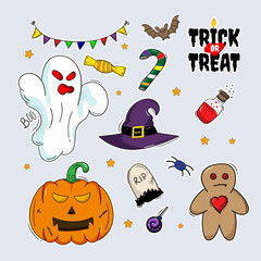 hand draw collection stickers for halloween with doodle style