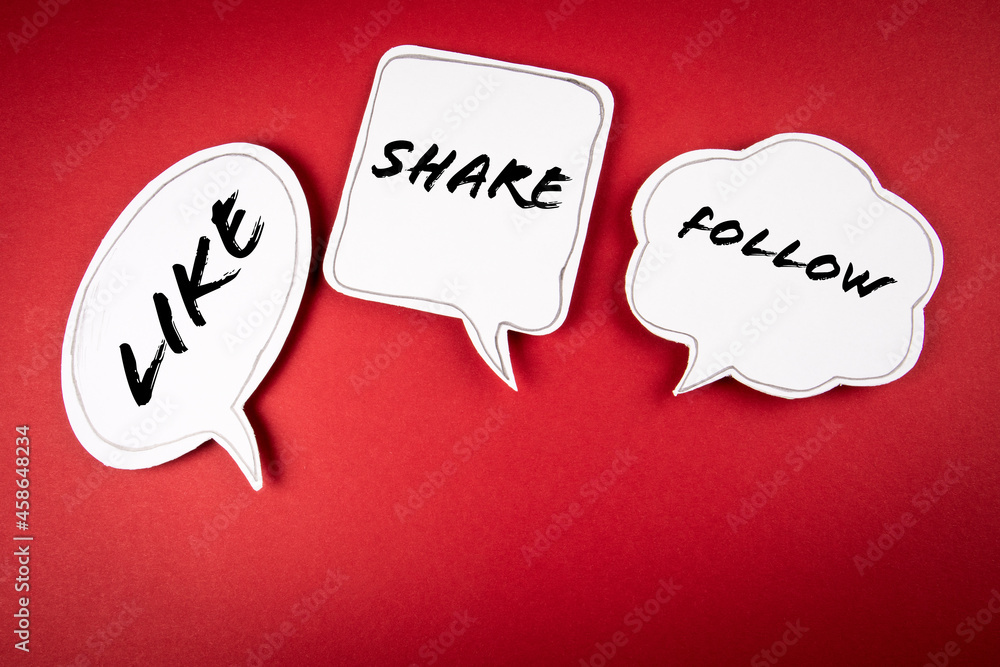 Canvas Prints social media marketing. like share and follow. speech bubbles on a red background