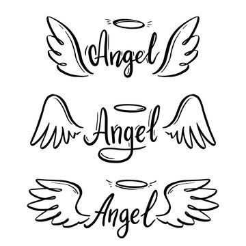 Angel wing with halo and angel lettering text set. Hand drawn line sketch style wing. Simple vector illustration.