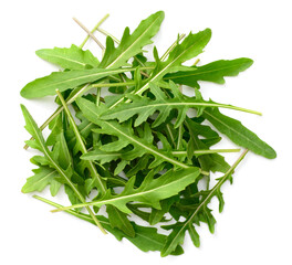 a pile of fresh rocket leaves isolated on white background, top view