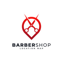 Barbershop Location Logo Template Design. Map Pin Combined with Scissors Icon Vector Illustration