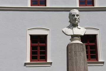 Wilhelm Löhe Denkmal vor seinem Pfarrhaus in Neuendettelsau in Franken - obrazy, fototapety, plakaty