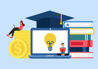 Graduation cost, expensive education, scholarship loan budget, education savings and investment concept. Stack of books, dollar coins, laptop computer and graduation hat in flat design. - obrazy, fototapety, plakaty