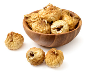 close up of dried fig fruits in the wooden bowl, isolated on the white background