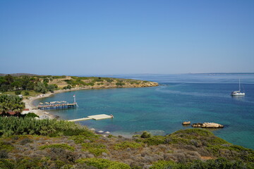 Bozcaada beach and bay view. Bozcaada is a touristic island and a popular tourist destination in the Aegean Sea.  Çanakkale – TURKEY