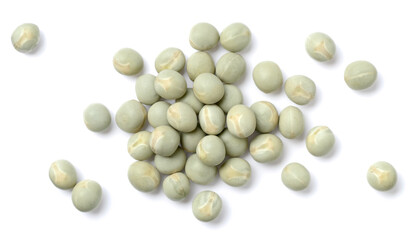 uncooked dried green peas isolated on the white background, top view