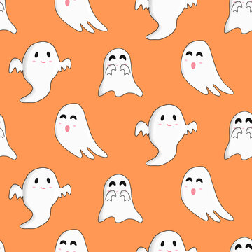 cute happy Halloween white boo ghosts random flying on orange background. seamless pattern.