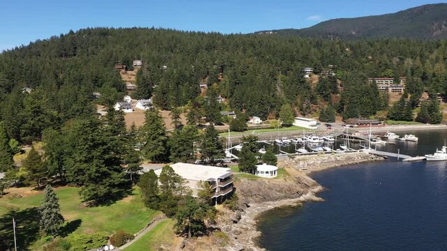 Cinematic 4K aerial drone footage of The Residences at Rosario Resort on Orcas Island in Washington
