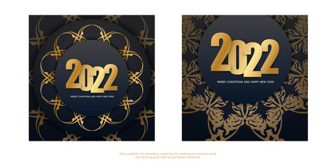 2022 holiday card Happy new year black color with vintage gold ornament