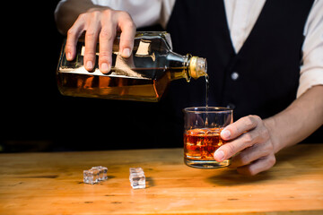 Bartender Serve Whiskey, on wood bar, 