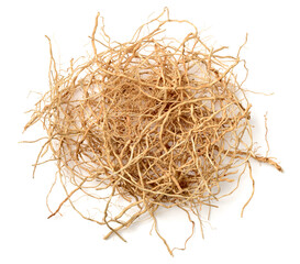 dried vetiver roots isolated on the white background, top view