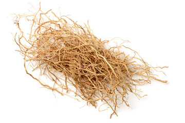 dried vetiver roots isolated on the white background, top view