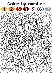 Turkey bird color by number game for children vector illustration. Funny coloring page cute hand-drawn turkey with numbers for kids. Happy Thanksgiving day activity page with farm bird