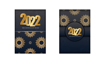 Fototapeta na wymiar Black Color Happy New Year 2022 Flyer Template with Vintage Gold Ornament