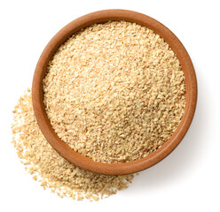 uncooked wheat germ in the wooden bowl, isolated on the white background, top view