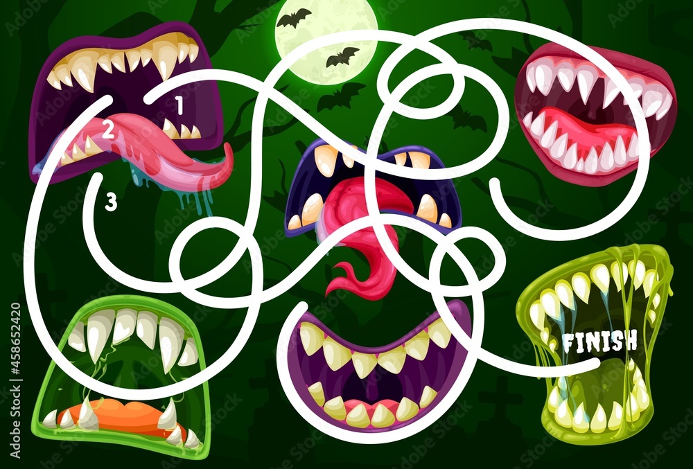 Poster kids maze game with monster mouths. vector labyrinth puzzle find correct way board game. task with t