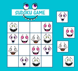 Sudoku kids game vector riddle with cartoon funny faces and monster muzzles on board. Children logic riddle, educational task, school or preschool activity, leisure recreation, boardgame with cards