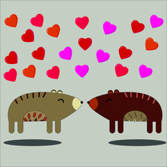 Cute loving bears  look at each other hearts fly above them on gray  isolated background