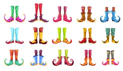 Cartoon legs of gnome, elf, wiz, magician, warlock, wizard and sorcerer. Cute vector feet in colorful stoking and nosy boots. Witch, Santa helper or leprechaun legs in funny shoes isolated cartoon set