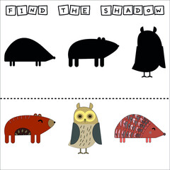 Find a pair or shadow  game with funny bear, hedgehog, owl.  Worksheet for preschool kids, kids activity sheet, printable worksheet