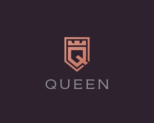 Premium monogram shield letter Q initials logo. Elegant shield crown vector logo.