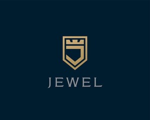 Premium monogram shield letter J initials logo. Elegant shield crown vector logo.