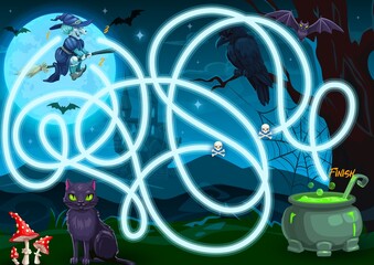 Children search way Halloween maze with spooky black cat and raven, cartoon witch flying on broom, cauldron with boiling magic potion. Kids labyrinth activity, child vector find path Halloween game
