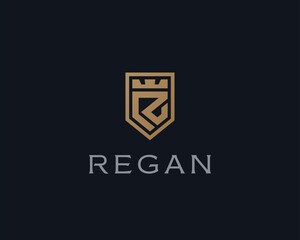 Premium monogram shield letter R initials logo. Elegant shield crown vector logo.