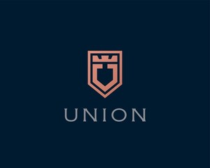 Premium monogram shield letter U initials logo. Elegant shield crown vector logo.