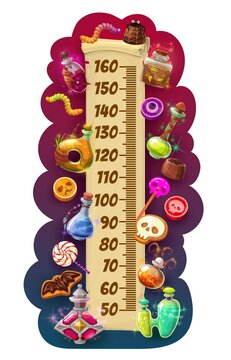 Kids height chart Halloween scroll with sweets, growth measuring meter. Vector wall sticker with potion bottles, trick or treat candies and bakery. Cartoon scale design for children height measurement