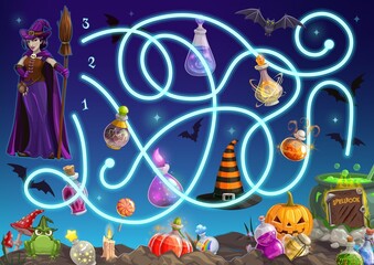 Maze game, Halloween puzzle labyrinth, kids cartoon fun play, vector. Halloween maze, find way or path for witch to cauldron, labyrinth with pumpkins, skulls and ghost monsters, treats and bats