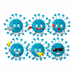 Bovine virus cartoon character with various types of business emoticons