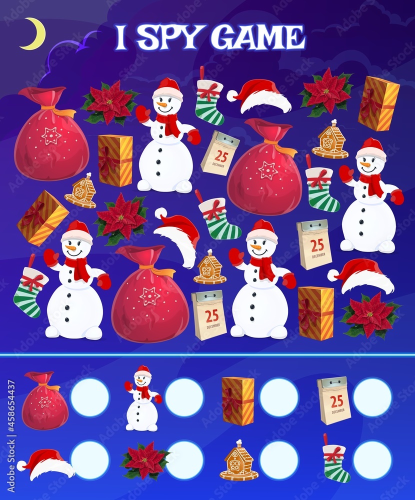 Poster child i spy educational game with christmas objects. children playing activity with counting task, k