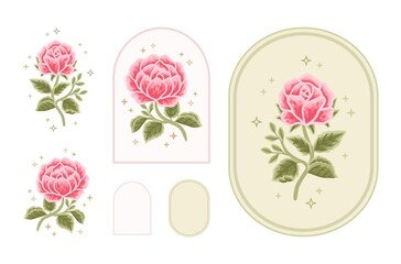 Vector feminine logo design template in trendy minimal style. Vintage pink rose bud, peony flowers and botanical leaf branch set. Emblem, symbols and icons for cosmetics, beauty and handmade product