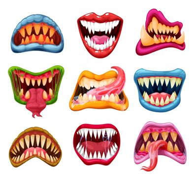 Monster jaws and mouths with cartoon teeth and tongues. Vector Halloween monster or vampire smiles, scary alien beast, horror demon, dracula or zombie with spooky fangs, green slime and saliva drops