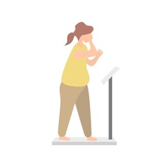 Fat woman worry stand on electronic scales,Overweight and Obese people,problems feeling unhappy stressed,Healthcare concept,Vector illustration.
