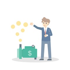 Businessman with Machines or pumps produce money and gold coins,Build cash flow in business,Vector illustration.