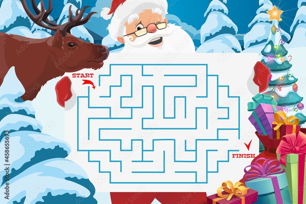 Poster santa with maze or labyrinth game vector template of children education. christmas logic puzzle or r