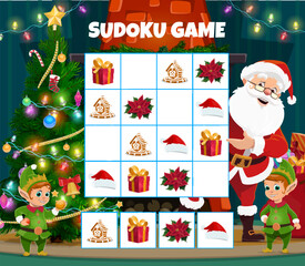 Fototapeta premium Children Christmas sudoku game with holiday gifts, Santa hat and poinsettia, gingerbread cookie. Child logic puzzle, kids riddle with Santa Claus and elfs characters, Christmas tree cartoon vector