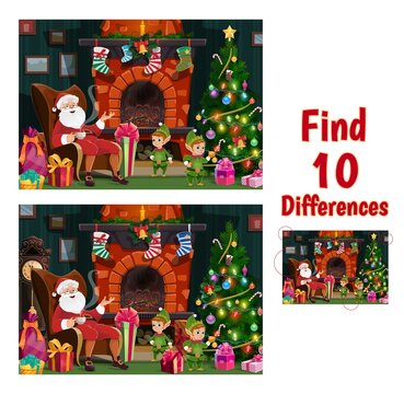 Christmas find ten differences game with Santa and elfs. Kids searching and comparing details playing activity. Santa Claus siting in living room, elfs with gifts near Christmas tree cartoon vector