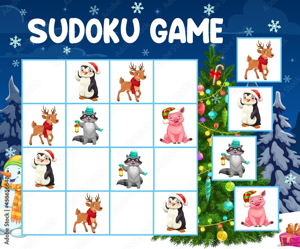 Poster sudoku game or puzzle with vector christmas tree and animals. logic mind game, puzzle, riddle or chi