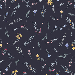 Beautiful floral seamless pattern with cute watercolor hand drawn wild flowers. Stock illustration.