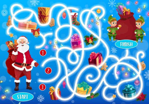 Kids Christmas maze with Santa and gifts. Child labyrinth game, children pathfinder playing activity, holiday educational maze. Santa Claus carrying sack, giftboxes and elfs characters cartoon vector