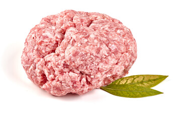 Ground meat, ingredients for cooking, isolated on white background.