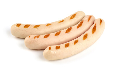 Roasted veal sausages, isolated on white background.