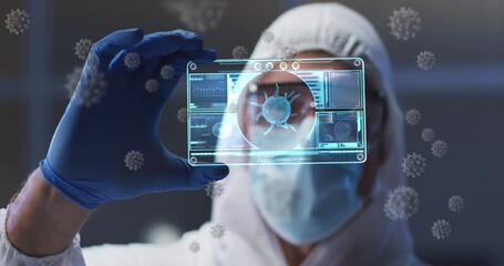 Animation of virus cells and digital interface over male doctor wearing face mask - Powered by Adobe